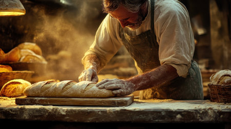 A skilled artisan baker meticulously shapes a fresh baguette in a rustic bakery, surrounded by flour dust and the warmth of traditional baking, capturing the art of bread making.の素材