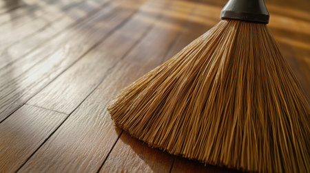 A traditional broom rests against a beautiful wooden floor, showcasing the natural bristles and reflecting light, perfect for themes of cleaning, home, and organization.の素材