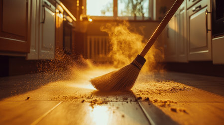 A serene kitchen scene captured in warm sunlight, showcasing the act of sweeping dust with a broom, highlighting the beauty of cleanliness and daily routines.の素材
