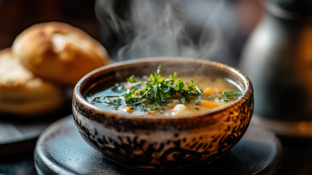 A steaming bowl of comforting soup filled with fresh vegetables and herbs, accompanied by freshly baked bread, perfect for a cozy and inviting meal experience.の素材