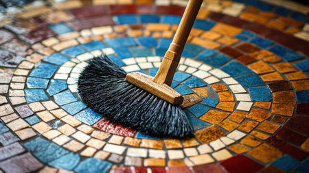 A close-up view of a wooden broom sweeping over a beautifully patterned mosaic floor, showcasing intricate tile designs and bright colors in a clean indoor setting.の素材