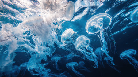 A mesmerizing underwater scene featuring graceful jellyfish swimming in clear blue water, showcasing the beauty and tranquility of marine life in a stunning natural environment.の素材