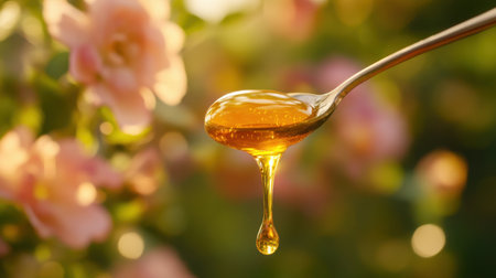 A stunning close-up of golden honey dripping from a spoon set against a soft floral background, emphasizing natural sweetness and organic ingredients in a beautifully lit kitchen scene.の素材