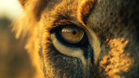 This stunning close-up photograph portrays a lion's eye in striking detail, showcasing the beauty and intensity of wildlife in a natural setting during golden hour.の素材
