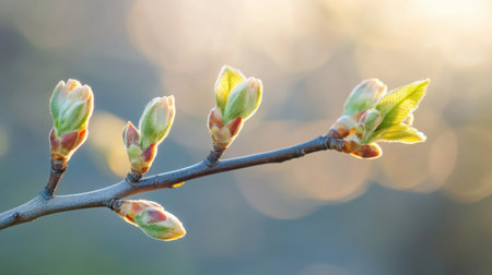 A close-up image of a budding branch with fresh green leaves illuminated by soft morning light, creating a vibrant and tranquil atmosphere in nature.の素材