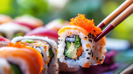 Close-up of beautiful sushi rolls showcasing fresh ingredients, vibrant colors, and fine presentation, perfect for food enthusiasts and culinary lovers.の素材