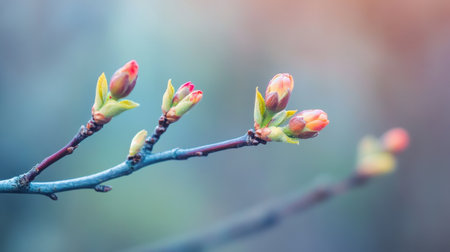 A serene image of delicate buds on a branch awakening in spring, showcasing vibrant colors and natural beauty, inviting a sense of tranquility and freshness.の素材
