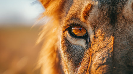 A breathtaking close-up of a lion's eye, revealing intricate details and vibrant colors, encapsulating the essence of the wild and the beauty of nature in its purest form.の素材