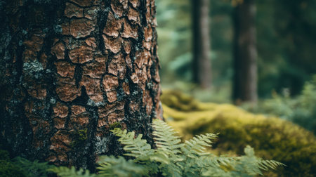 A captivating close-up captures the intricate texture of tree bark, complemented by vibrant green ferns, showcasing the peaceful beauty of a forest ecosystem.の素材