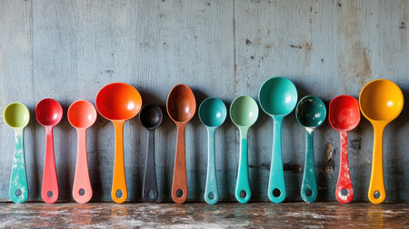 A beautiful display of colorful measuring spoons arranged on a weathered wooden surface, ideal for adding style to cooking events or kitchen photography.の素材