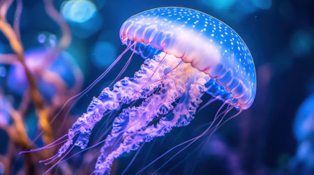 A mesmerizing jellyfish floats gracefully through azure waters, showcasing its luminous tentacles and vibrant colors, capturing the enchanting beauty of marine life.の素材