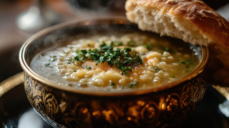 A steaming bowl of hearty soup garnished with fresh herbs, served alongside crusty bread, creating an inviting atmosphere for cozy dining experiences.の素材