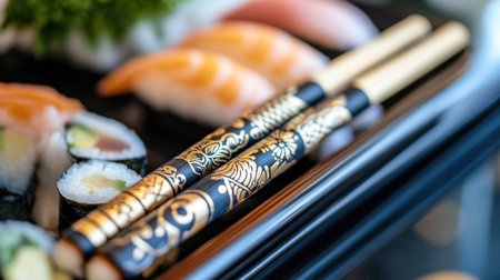 Discover a stunning arrangement of sushi alongside elegantly designed chopsticks, showcasing the artistry of Japanese food culture and fresh ingredients in a visually appealing manner.の素材