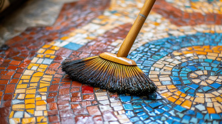 A close-up view of a broom sweeping a colorful mosaic tile floor, highlighting intricate patterns and textures, perfect for cleaning and home decor themes.の素材