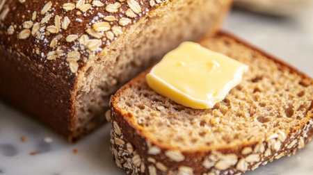 A close-up view of a slice of freshly baked whole grain bread topped with a pat of butter, beautifully arranged on a marble surface, showcasing its texture and warmth.の素材