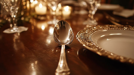 A beautifully arranged table featuring a silver spoon beside a fine china plate, illuminated by soft candlelight, creating an inviting and luxurious dining atmosphere.の素材