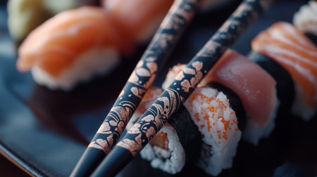 A close-up view of elegant sushi rolls beautifully arranged with intricately designed chopsticks on a black plate, showcasing vibrant colors and fresh ingredients for food enthusiasts.の素材