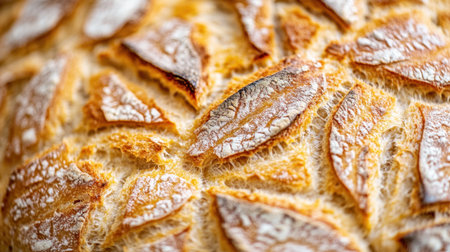 This close-up image showcases the intricately detailed texture of rustic bread, highlighting the golden crispy crust and unique patterns that inspire gourmet culinary creations.の素材