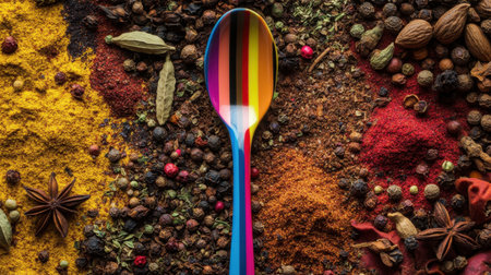 An artistic display featuring a colorful spoon set against a rich tapestry of spices, showcasing texture and vibrant colors ideal for culinary-inspired projects.の素材