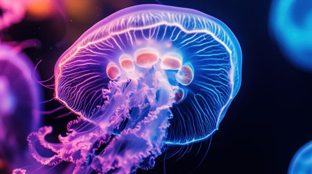 Ethereal jellyfish showcasing vibrant colors gliding through ocean waters, surrounded by a soft bioluminescent glow, capturing the essence of marine beauty and tranquility.の素材