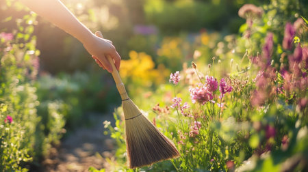 A serene scene features a hand sweeping a dustpan in a lush garden filled with colorful flowers, capturing the beauty of nature and the joy of gardening in the sunlight.の素材