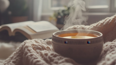 A steaming cup of tea sits on a warm blanket, accompanied by an open book by the window, creating a tranquil and inviting atmosphere for relaxation.の素材