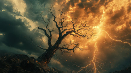 A striking image of a withered tree illuminated by lightning against a fiery, stormy sky, showcasing nature's raw power and the stark contrast in its elements and textures.の素材