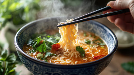 A steaming bowl of noodle soup garnished with fresh herbs and spices, perfect for a cozy meal. Ideal for food lovers seeking comfort and flavor.の素材