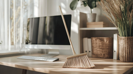 A stylish home office setup with a broom standing on a wooden desk, accompanied by a computer and decorative elements, ideal for a clean and organized workspace.の素材