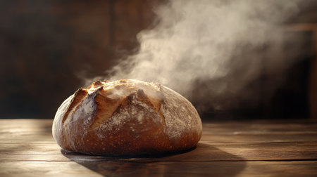 This image showcases a freshly baked artisan bread with steam rising above it, capturing the essence of culinary craftsmanship and rustic charm in a warm, inviting kitchen setting.の素材