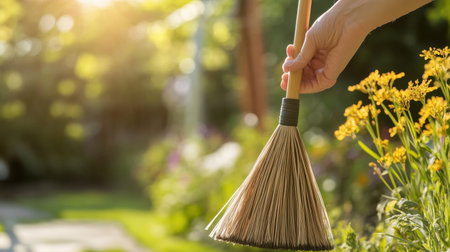 A serene moment capturing a hand holding a broom among vibrant flowers in a garden during sunset, highlighting the peacefulness of outdoor cleaning activities.の素材