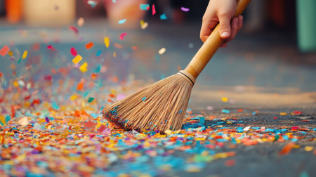 A hand uses a broom to sweep vibrant confetti from the ground, symbolizing the joy and cleanup after a festive celebration, leaving a colorful imprint of joy.の素材