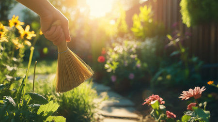 A hand holds a garden broom, surrounded by lush flowers and vibrant greenery, basking in warm sunlight, depicting the beauty of outdoor gardening and seasonal joy.の素材