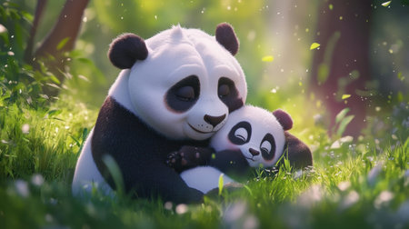 A heartwarming illustration of two cartoon pandas cuddling in a vibrant forest, highlighting the beauty of love and family in a playful and serene setting.の素材