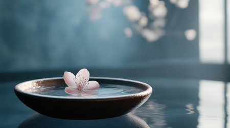 A delicate cherry blossom petal gracefully floats atop still water, creating a peaceful and serene atmosphere, perfect for representing tranquility and natural beauty.の素材