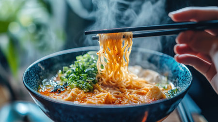 A steaming bowl of noodles with fresh herbs, captured beautifully in a cozy setting, showcasing the essence of comfort food and culinary joy for food lovers everywhere.の素材