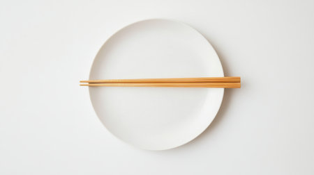 A stylish arrangement featuring a minimalist plate and wooden chopsticks on a clean white surface, perfect for showcasing elegant dining or Japanese culinary experiences.の素材