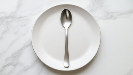 A minimalistic table setting featuring an empty plate and a shiny silver spoon on a marble surface. Perfect for food presentation and culinary themes in dining contexts.の素材