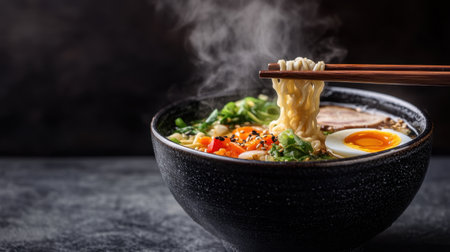 Enjoy a delicious serving of ramen featuring vibrant vegetables, a soft boiled egg, and tender pork. Perfect for enhancing your culinary photography collection.の素材
