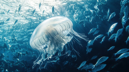 A captivating underwater scene featuring a translucent jellyfish gracefully floating among schools of fish, showcasing the beauty and diversity of ocean life.の素材