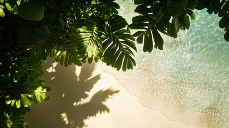 A serene beach scene featuring soft sand and crystal-clear water framed by lush tropical foliage, perfect for evoking relaxation and wanderlust in nature enthusiasts.の素材