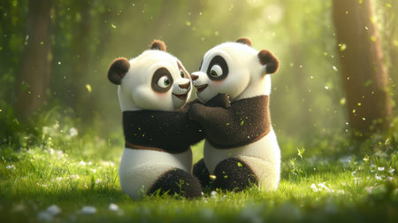 Two adorable baby pandas share an intimate moment in a tranquil forest, illuminated by soft sunlight that filters through the trees, evoking a sense of joy and wonder.の素材