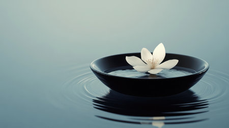 A beautiful white flower floats serenely in a dark bowl of water, creating a peaceful scene that embodies tranquility and elegance. Perfect for wellness and relaxation themes.の素材