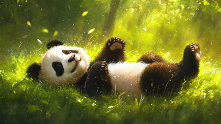 A cute panda cub rolls playfully in the lush grass, basking in soft sunlight. This charming scene evokes tranquility and showcases the beauty of wildlife in nature.の素材