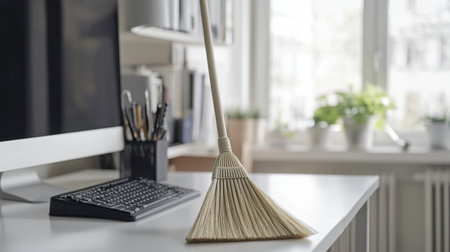 A broom rests on a clean white desk next to a computer, capturing a bright and organized workspace. This image highlights simplicity and cleanliness in office environments, inspiring productivity.の素材