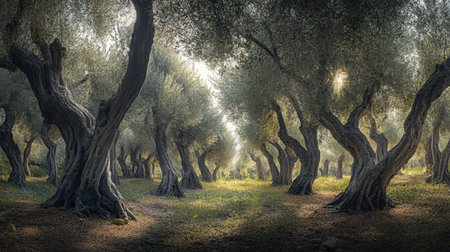 Explore a captivating olive grove under the soft morning light, where majestic twisted trees create a peaceful retreat, highlighting nature's beauty and tranquility.の素材
