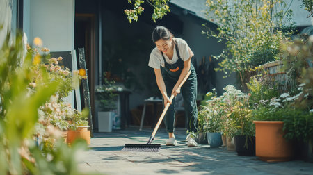 A dedicated woman enjoys gardening in her courtyard, using a rake to sweep the path among vibrant flowers and plants, showcasing a tranquil outdoor lifestyle.の素材