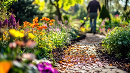 Discover a serene garden pathway adorned with vibrant flowers and lush greenery, perfect for tranquil nature walks and moments of peaceful reflection in the great outdoors.の素材