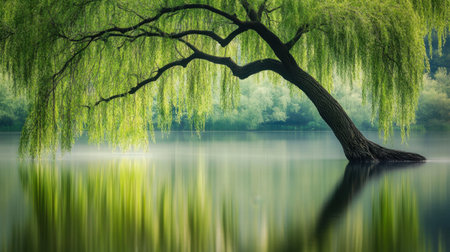 A captivating scene of a willow tree gracefully leaning over a tranquil lake, reflecting its lush greenery in the still waters, evoking a sense of peace and serenity in nature.の素材