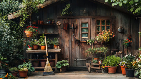 A picturesque wooden shed surrounded by vibrant flower pots and lush greenery, offering a serene escape for gardening enthusiasts and nature lovers alike.の素材